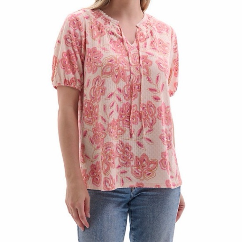 Como Vintage Floral Smocked Neck Short-Sleeve Peasant Top Size M